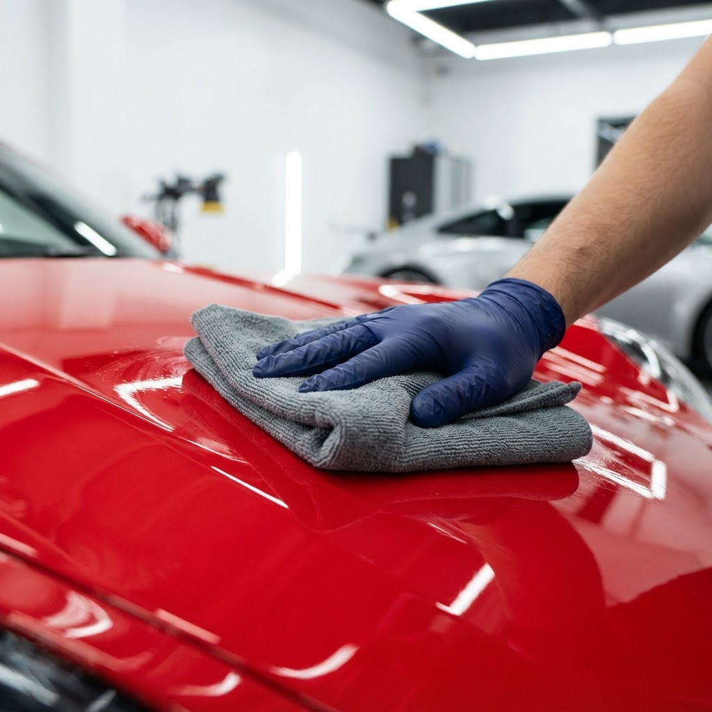 Close-up of a microfiber cloth polishing glossy car paintwork