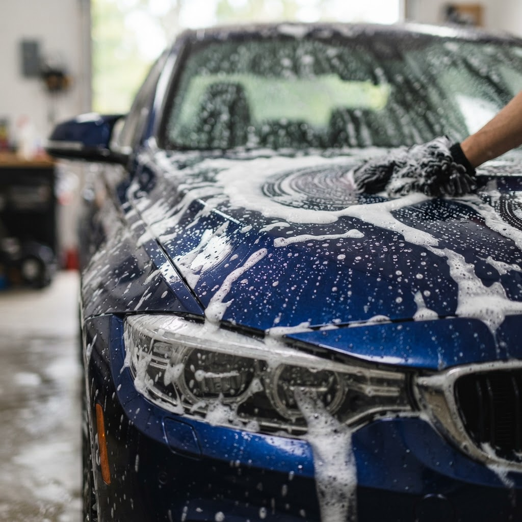 Close-up of a car being hand washed with thick soap suds and foam