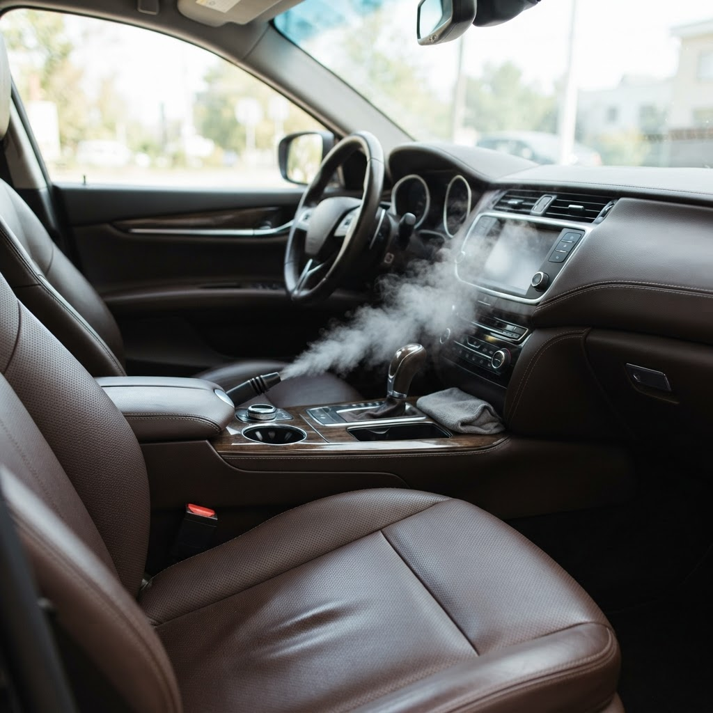 Freshly detailed car interior with steam vapor near the console
